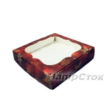 Коробка под пряник с окном 150х150х30 красная снежинки