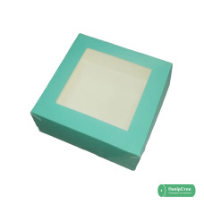 Коробка для пирожных с окном 130х130х60 бирюзовая