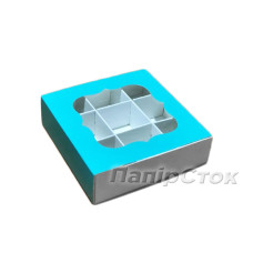Коробка для печенья с окном и вставками 120х120х30 бирюзовая